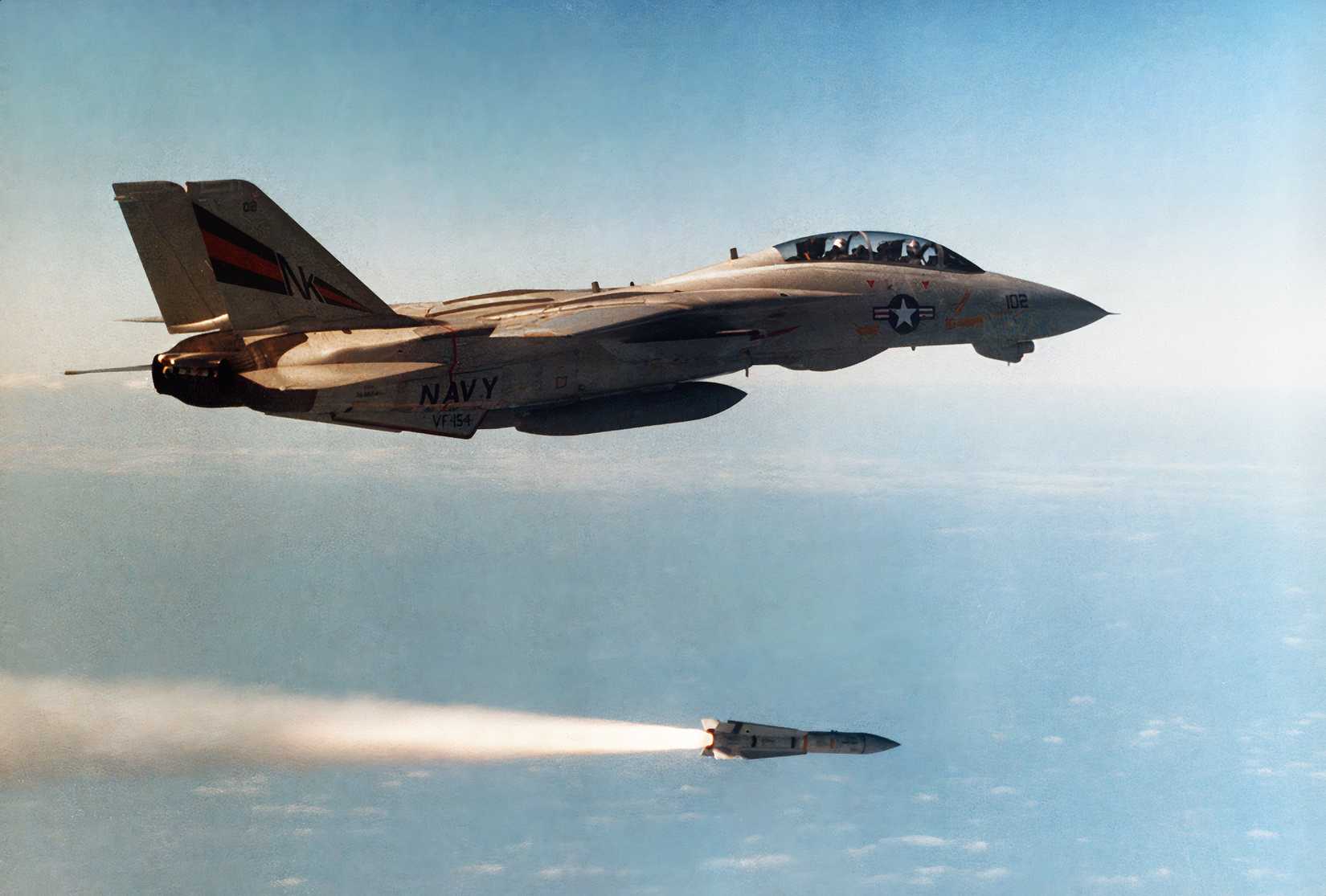 Photo of an F-14 firing an AIM-54 Phoenix missile.