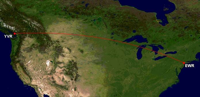 Vancouver to Newark route map