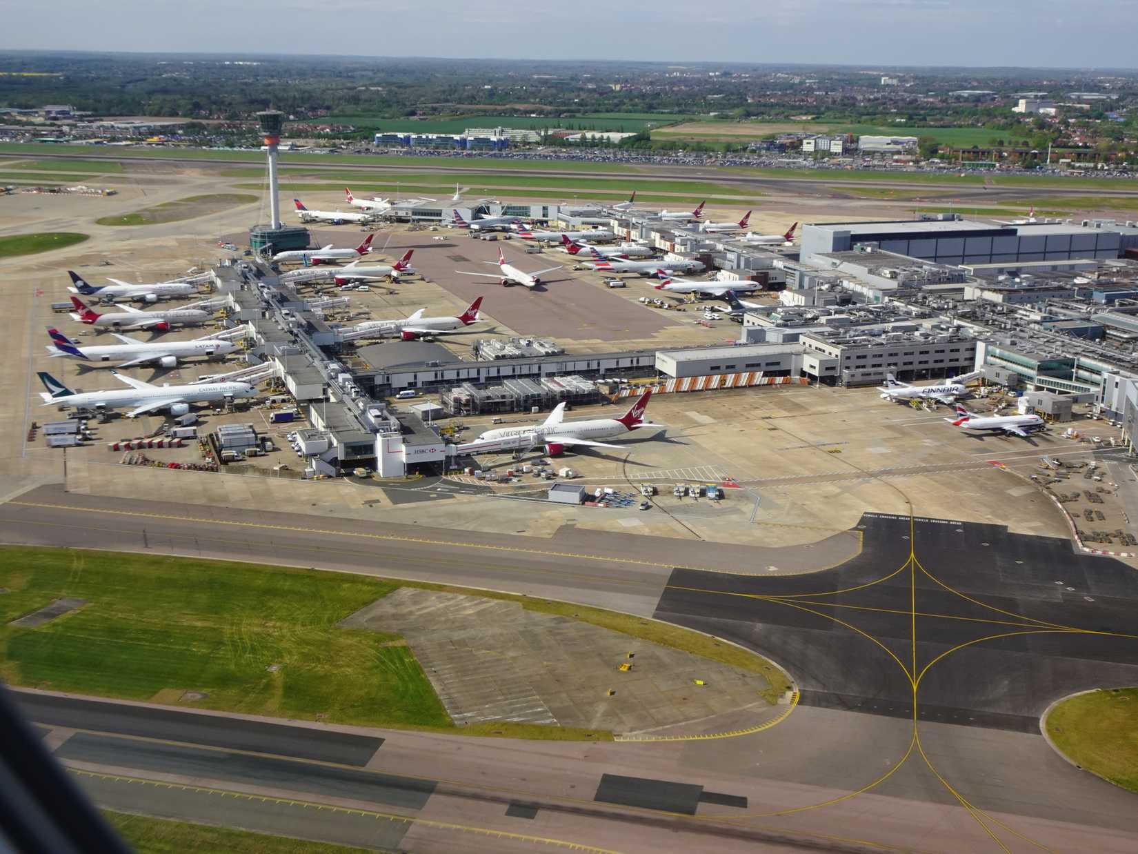 View of operations at London's Heathrow Airport upon departure, Hillingdon, London, England