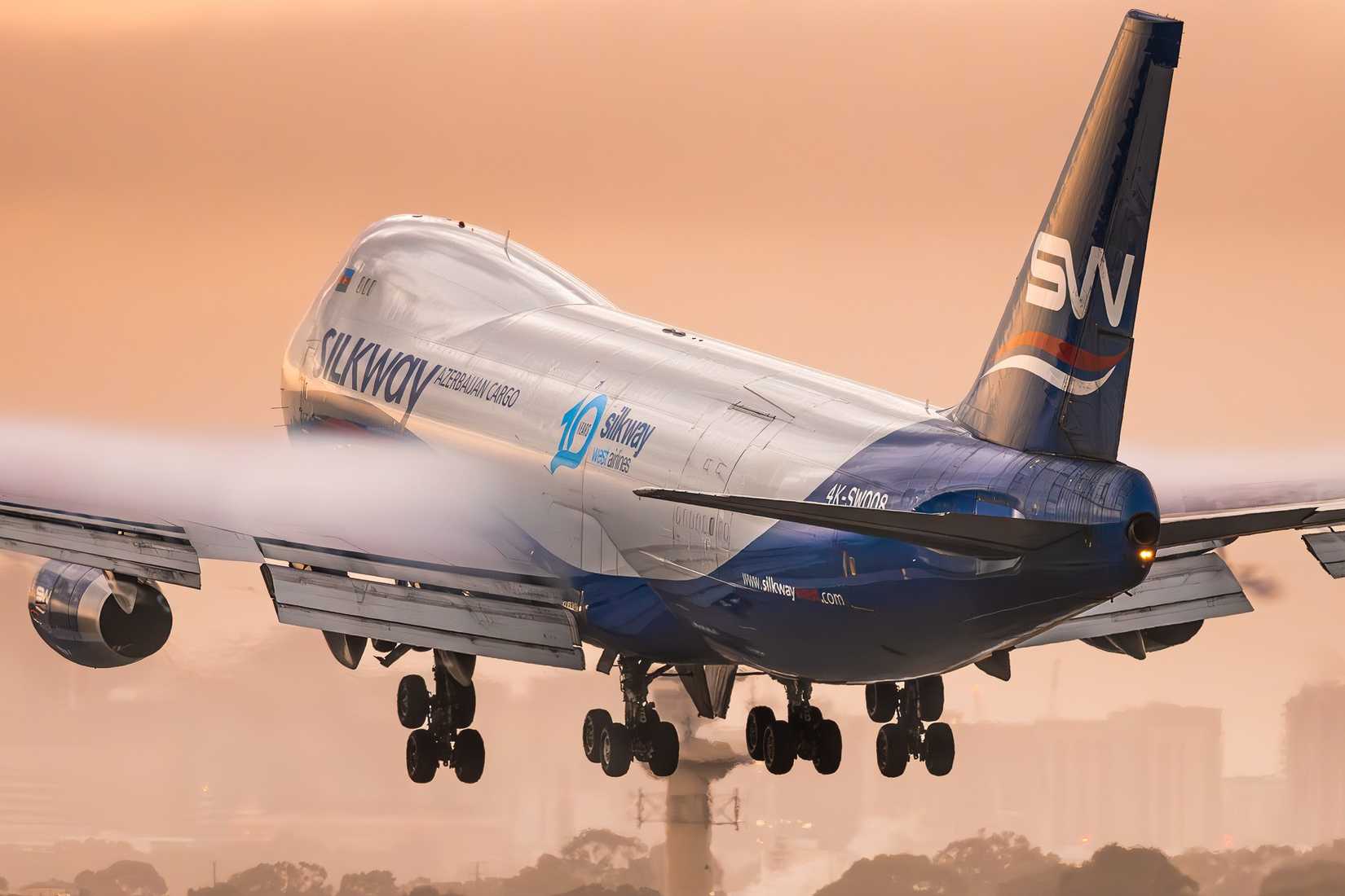Silk Way West Boeing 747-8F at dusk