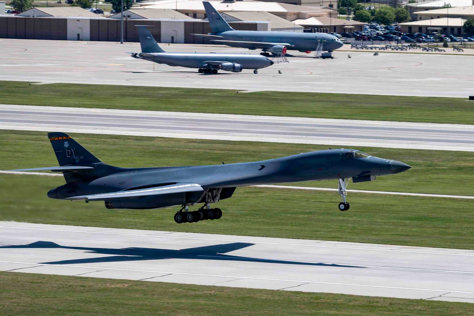 A B-1B Lancer from Dyess Air Force Base, Texas, takes off from McConnell Air Force Base, Kansas, May 11, 2026.