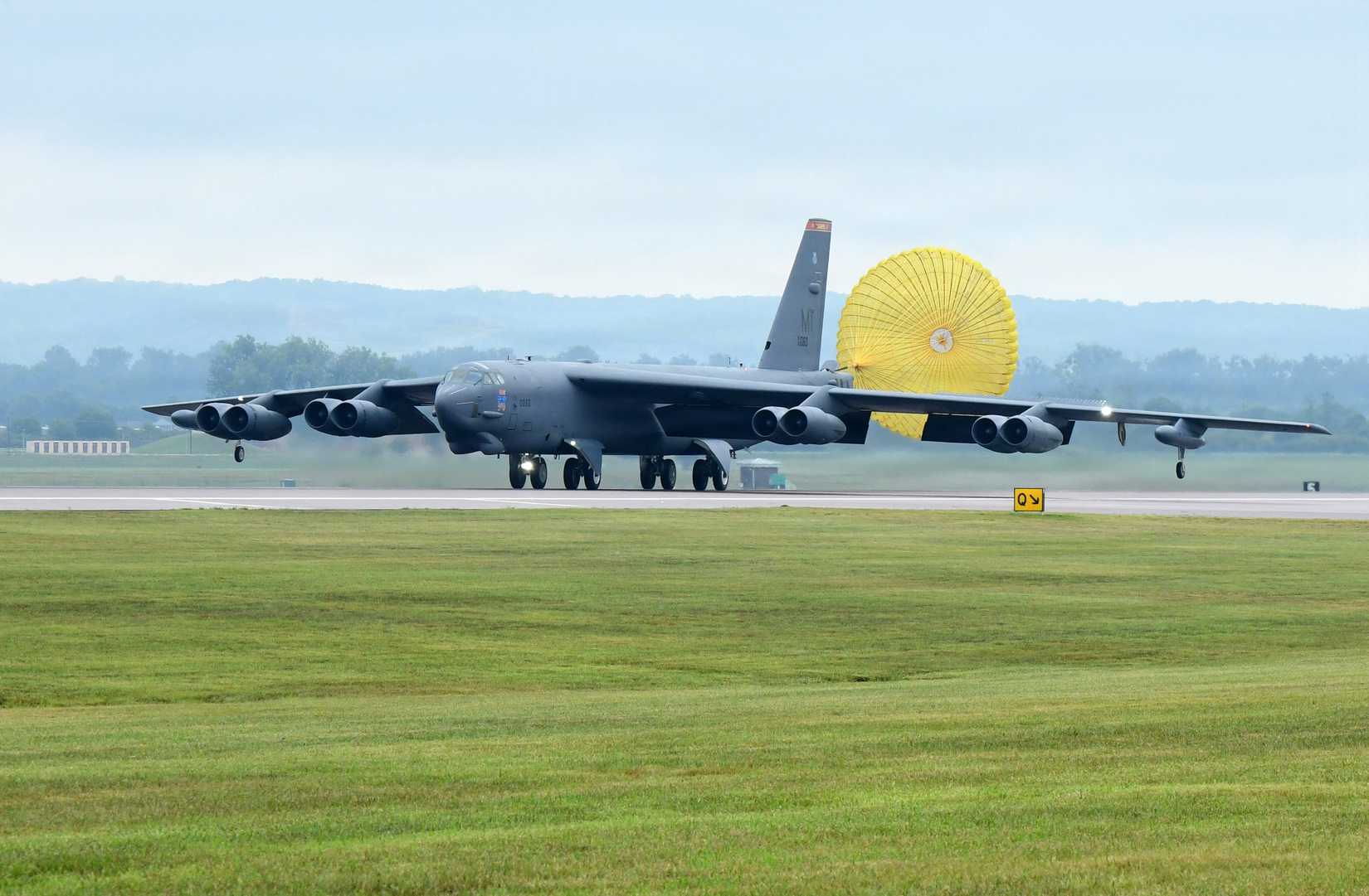A B-52 Stratofortress aircraft lands at Offutt Air Force Base, Nebraska