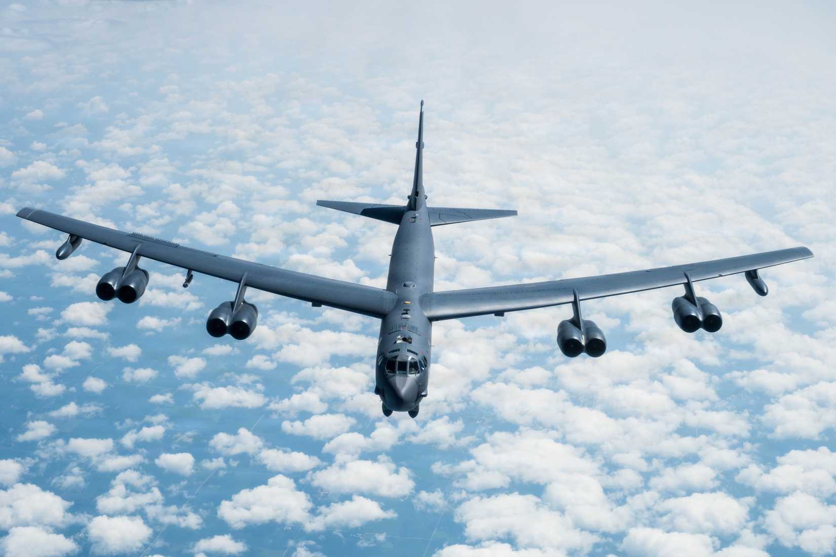 A B-52 Stratofortress assigned to the 5th Bomb Wing flies above the Midwestern United States