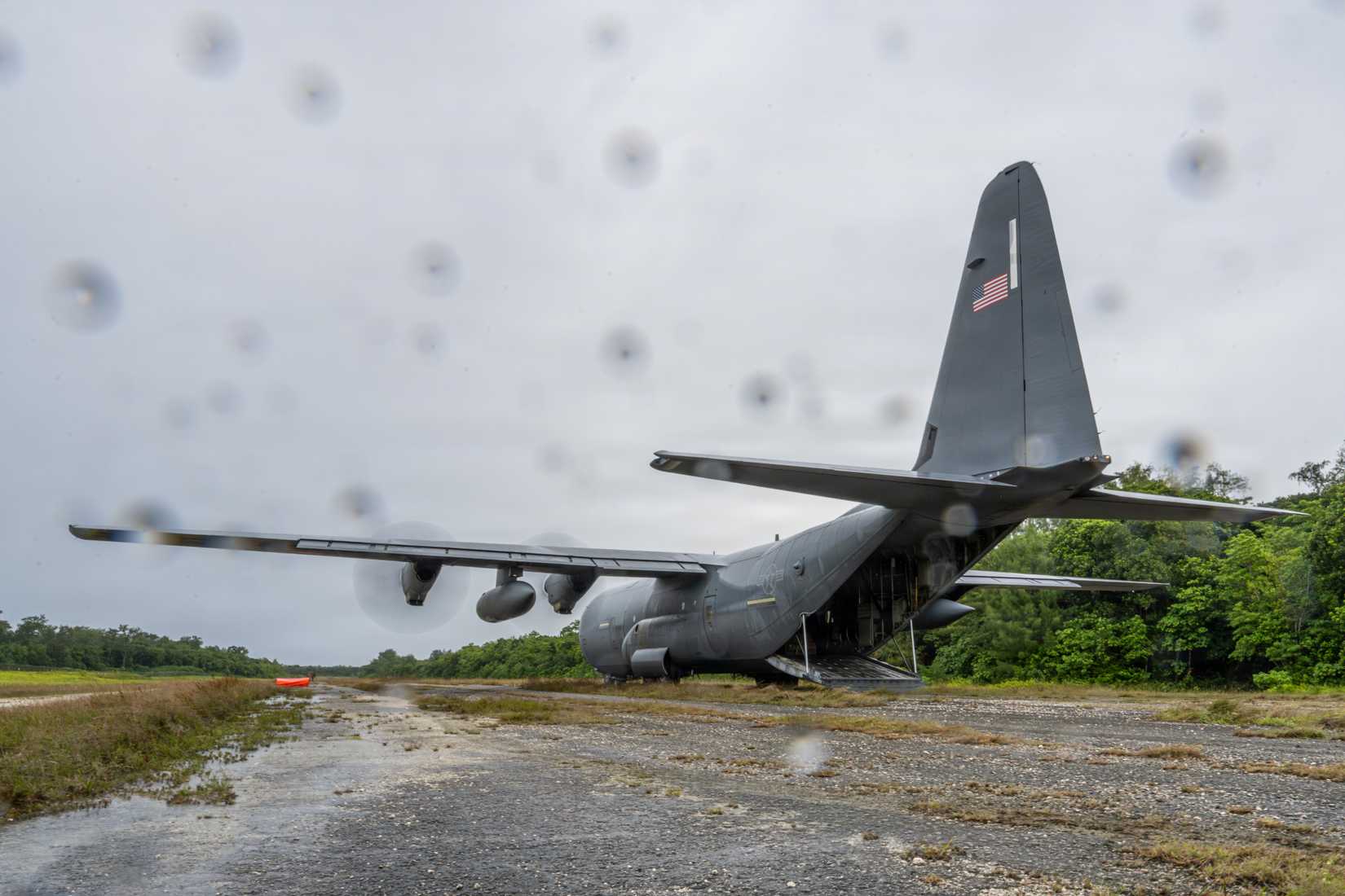 A C-130J Super Hercules arrives to pick up U.S. service members at Ngeaur Island, Palau