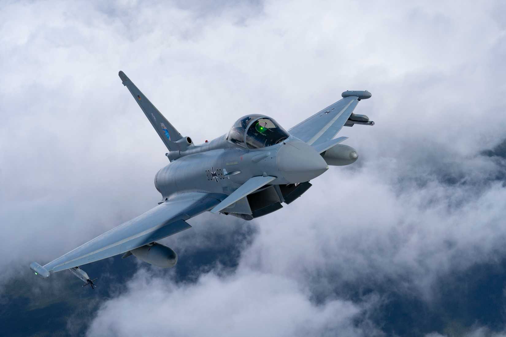 A German Air Force Eurofighter Typhoon flies over Alaska during exercise Arctic Defender 24