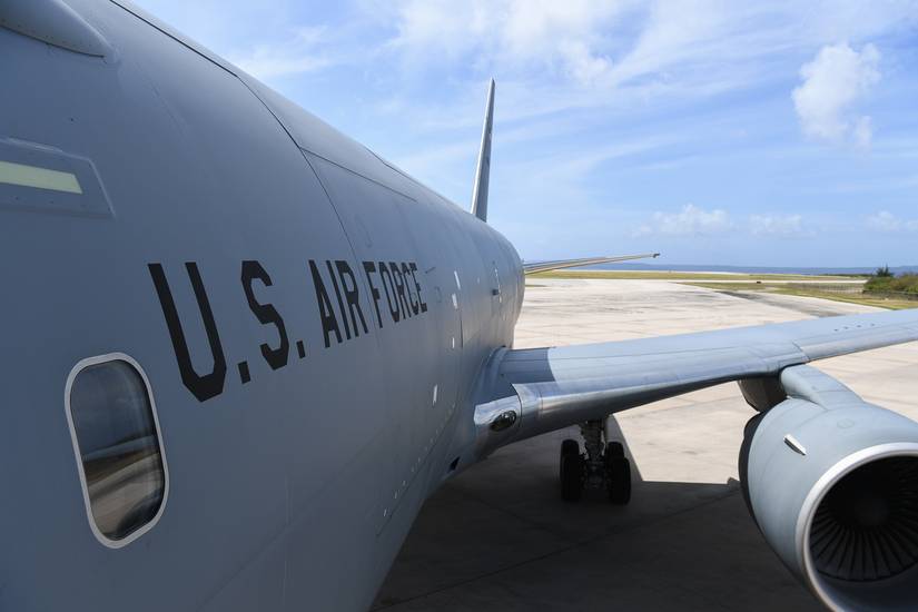 A KC-46A Pegasus prepares for take off from Saipan International Airport