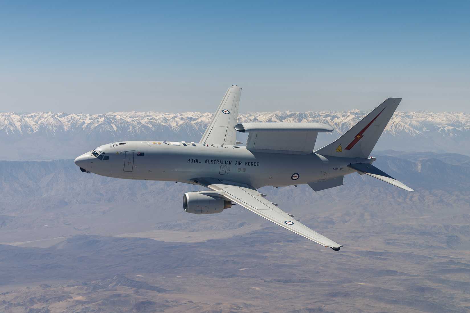 A Royal Australian Air Force E-7A Wedgetail soars over Southern California.