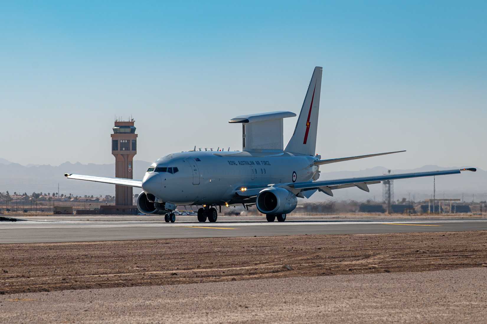 A Royal Australian Air Force (RAAF) E-7 Wedgetail taxis in after a mission prior to the start of Red Flag-Nellis 25-1 at Nellis Air Force Base