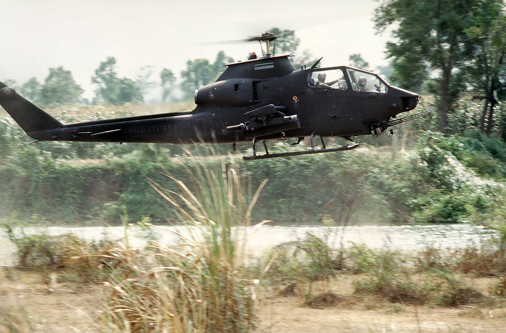 A US Army AH-1 Cobra helicopter gunship participates in Exercise Solid Shield in 1987.