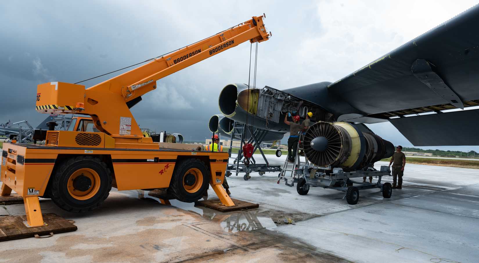 Air Force Airmen repair a B-52H Stratofortress engine during a Bomber Task Force deployment at Andersen Air Force Base, Guam