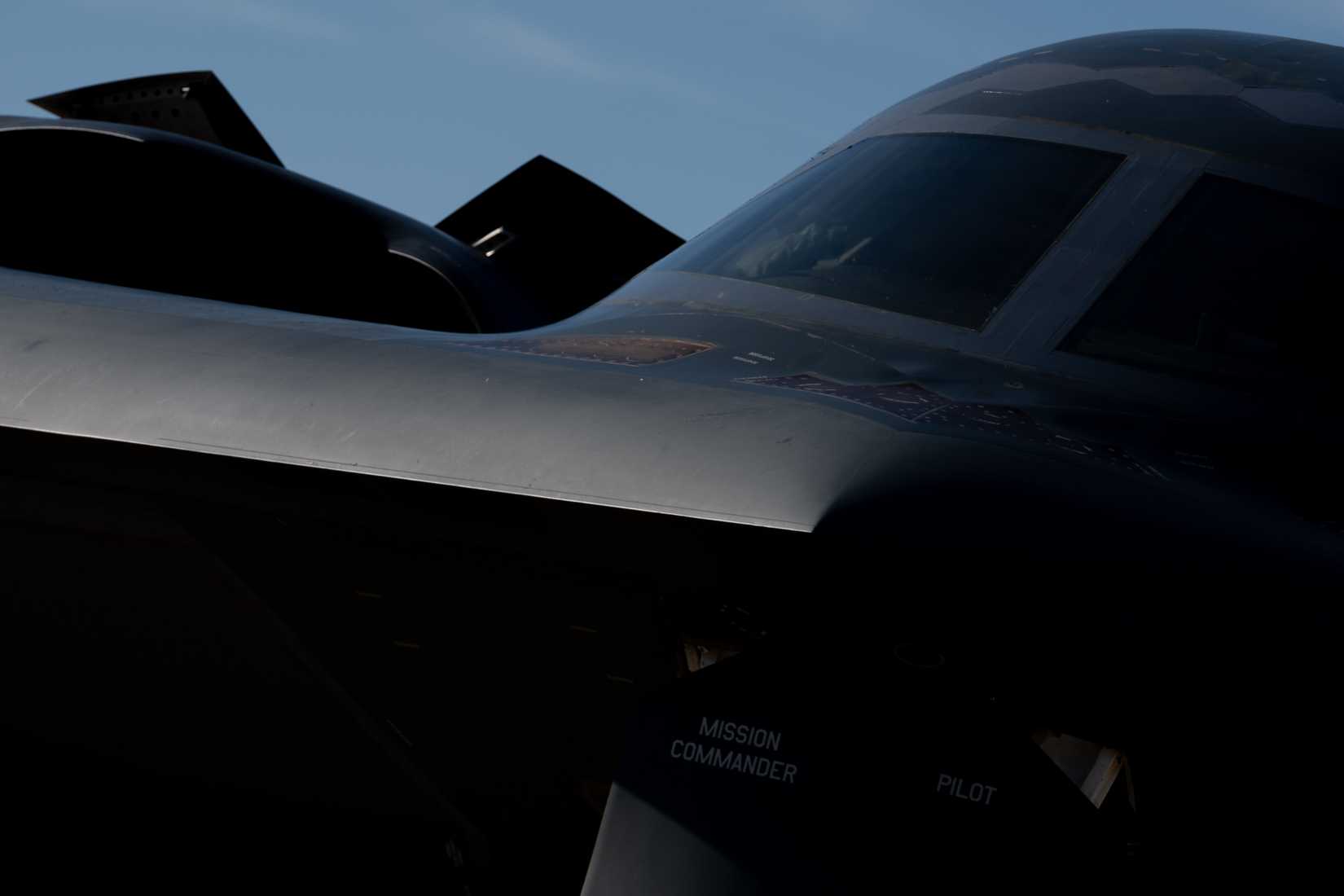 Air Force B-2 Spirit aircraft from Whiteman Air Force Base, Missouri is shown on the flight line at Pease Air National Guard Base