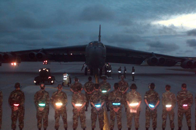 Air Force B-52 Stratofortress bomber is met by the maintenance crew at Andersen Air Force Base, Guam, on Sept. 4, 1996