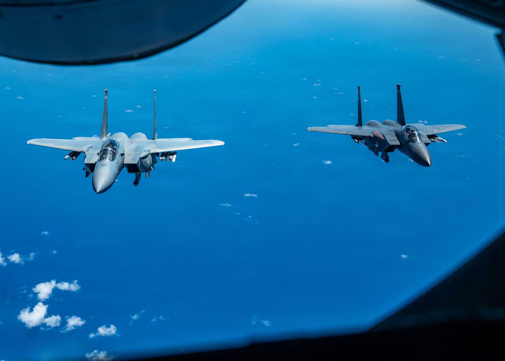 Air Force F-15EX Eagle II, left, and F-15E Strike Eagle assigned to the 85th Test and Evaluation Squadron, Eglin Air Force Base
