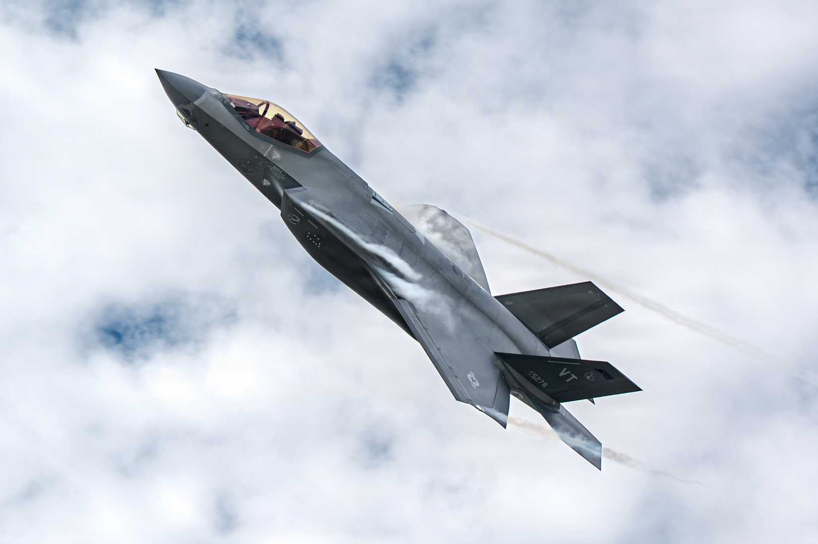 Air Force F-35A Lightning II, assigned to the 158th Fighter Wing, takes off from Burlington International Airport