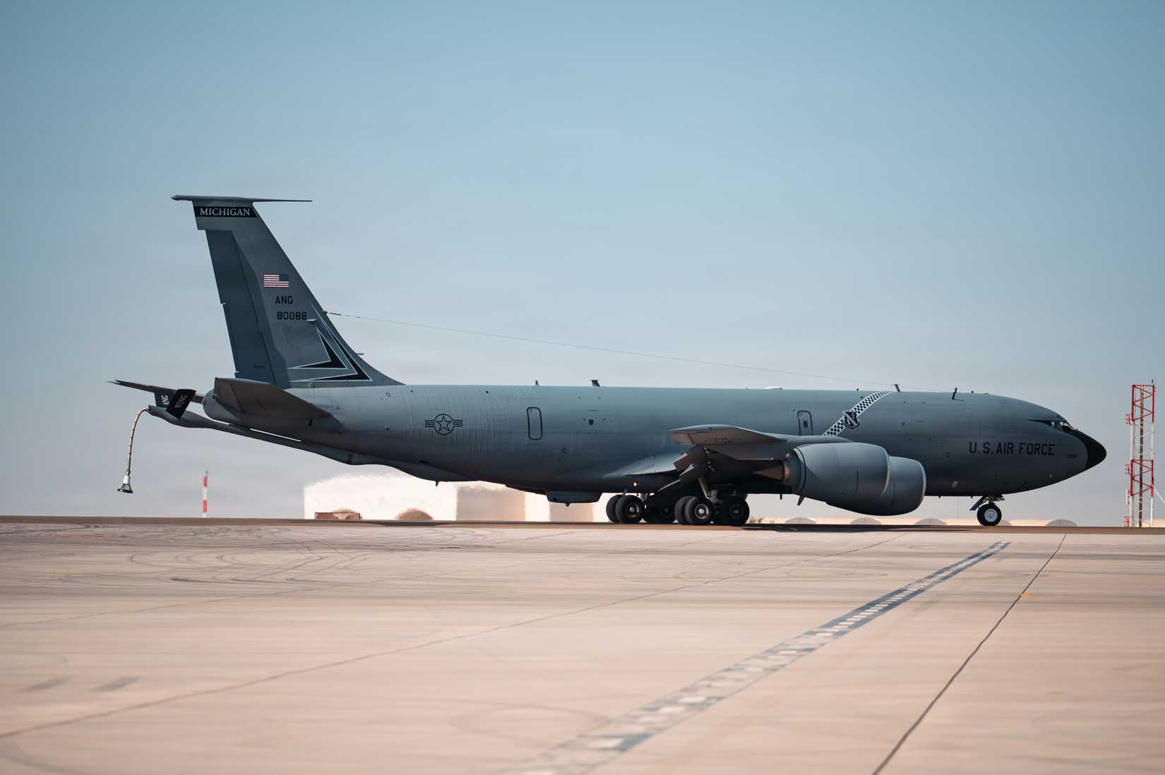 Air Force KC-135 Stratotanker refueling aircraft taxis at a base in the Middle East