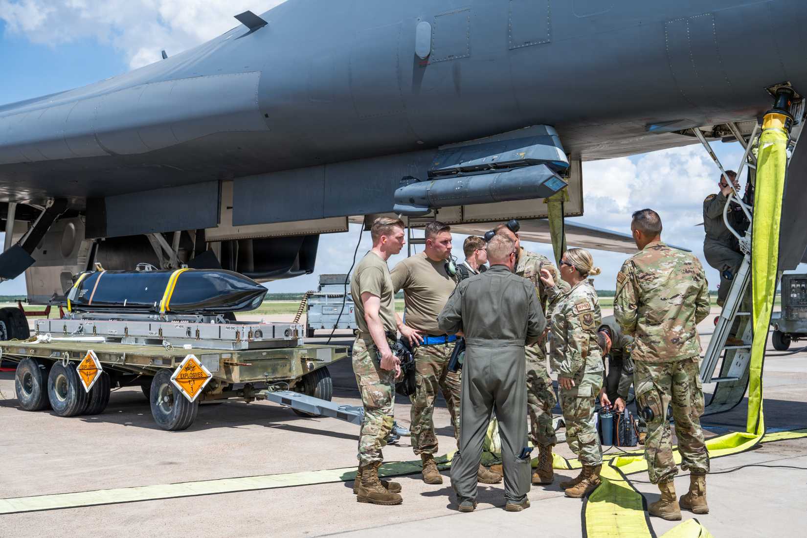 Air Force maintainers, aircrew and observers stand by a B-1B Lancer as they conduct a U.S. Air Force Long Range Anti-Ship Missile Event Zero at Dyess Air Force Base