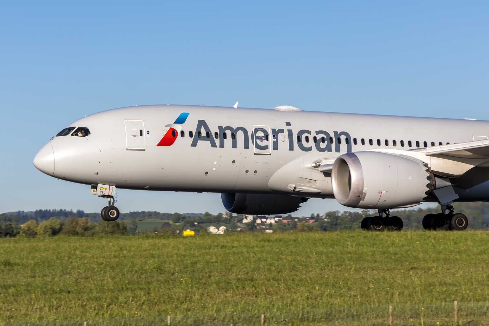American Airlines Boeing 787-8 Dreamliner airplane at Zurich airport in Switzerland.