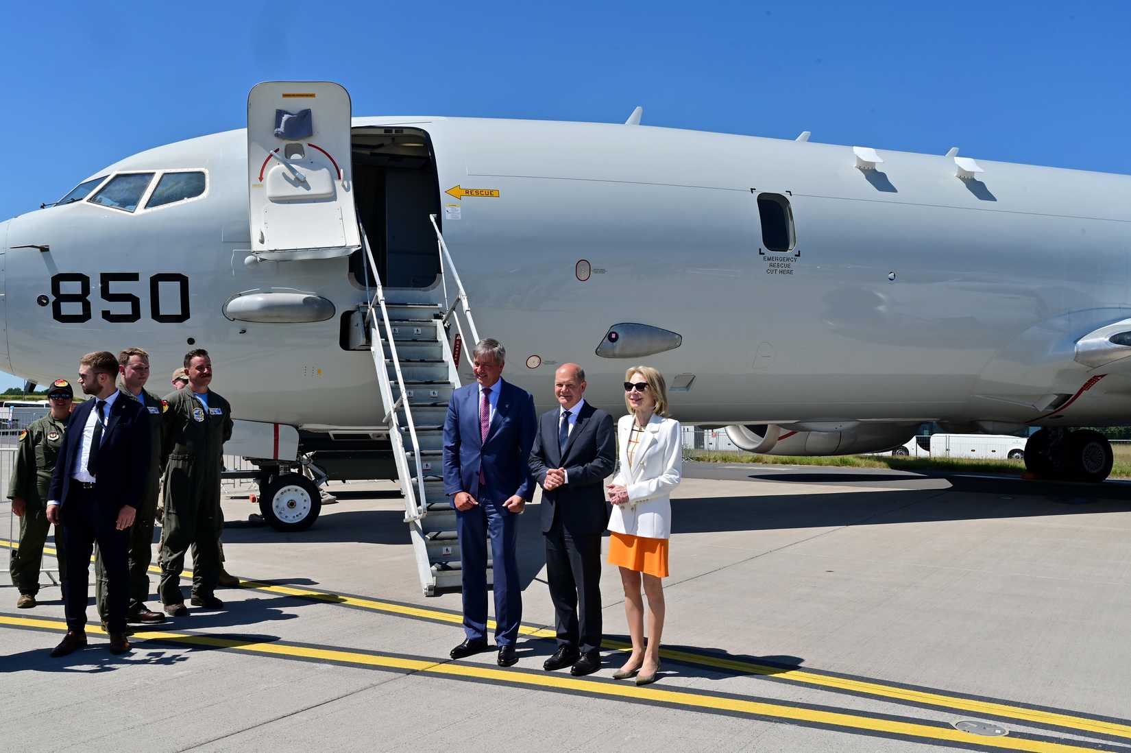 Amy Gutmann, U.S. Ambassador to Germany, met with Olaf Scholz, German Chancellor and Dr. Michael Haidinger President, Boeing Deutschland, by a U.S. Navy P-8A Poseidon