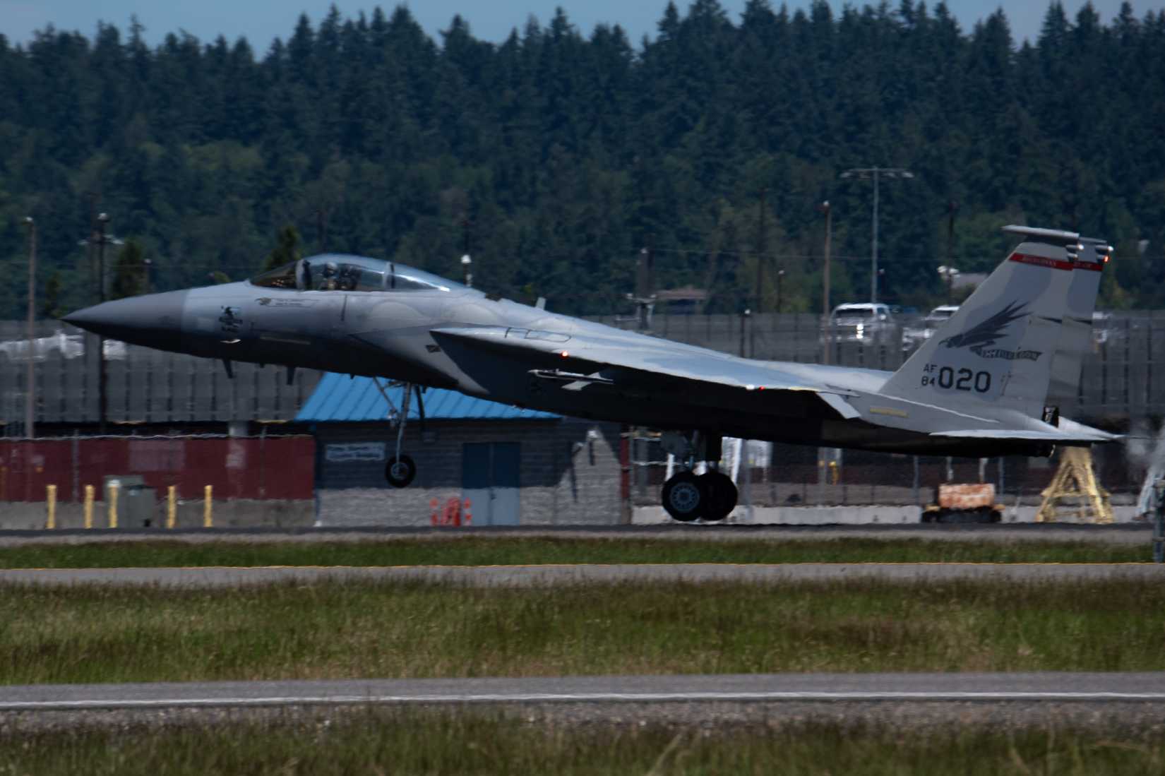 An F-15 Eagle, tail 020 takes off from Portland Air National Guard Base in Portland, Ore