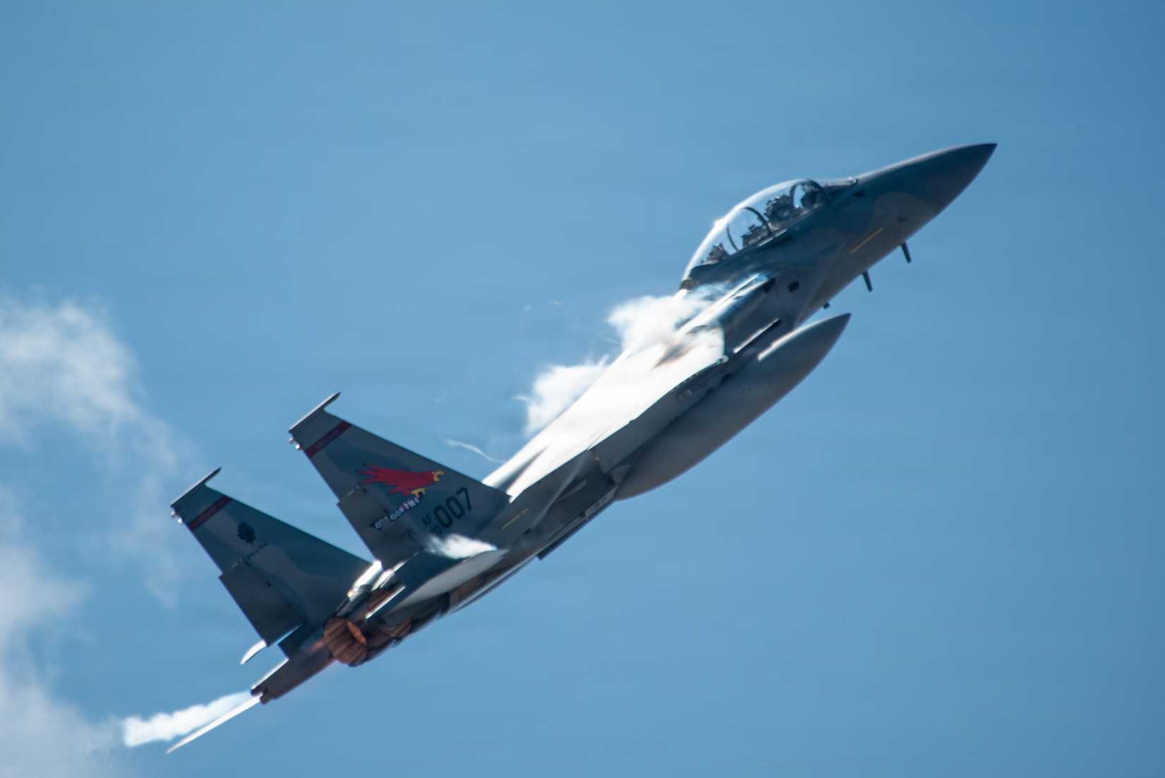 An F-15EX from the 123rd Fighter Squadron soars through the air at the Oregon International Air Show in McMinnville