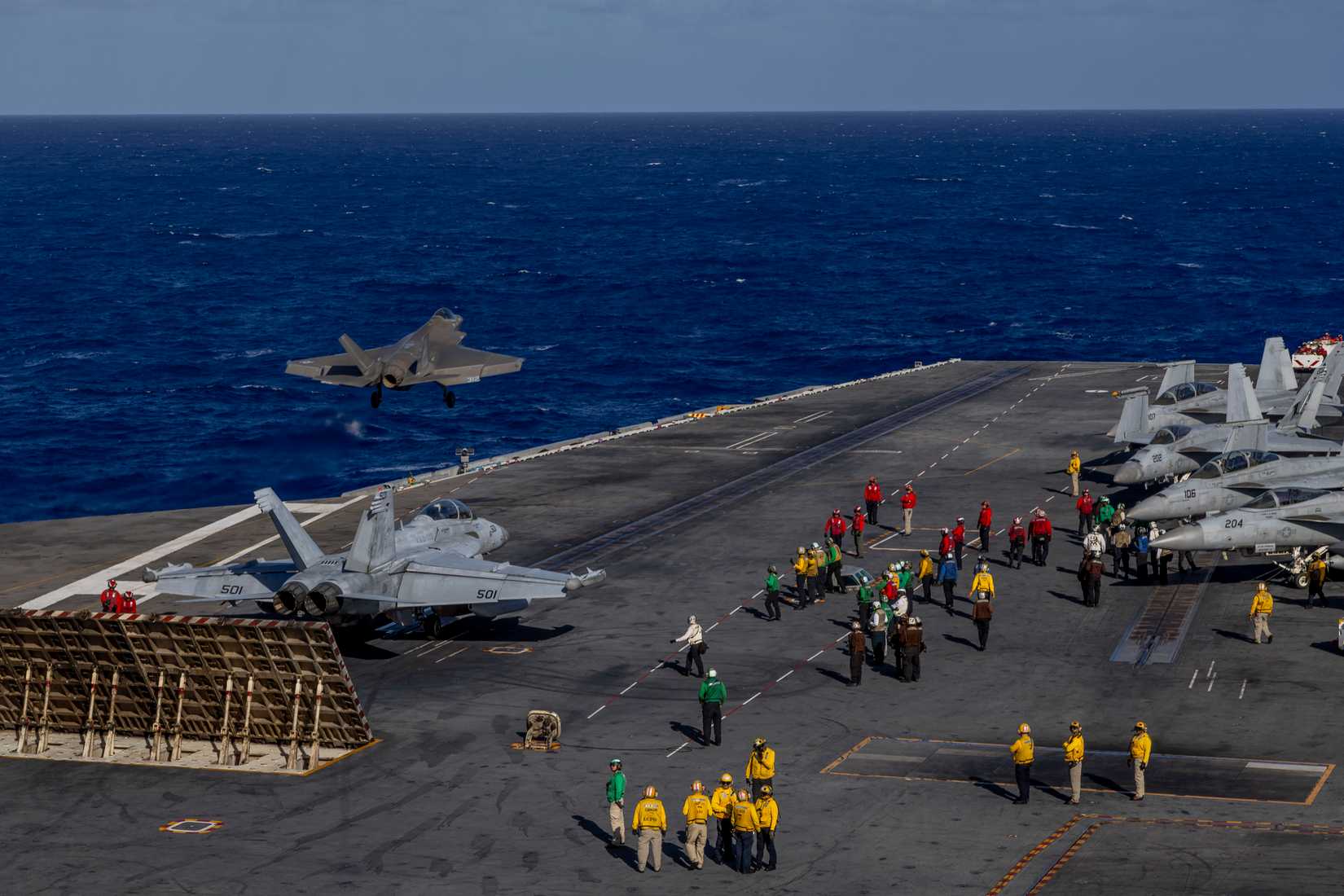 An F-35C Lightning II, attached to Marine Fighter Attack Squadron (VMFA) 314, launches from the flight deck of Nimitz-class aircraft carrier USS Abraham Lincoln (CVN 72)