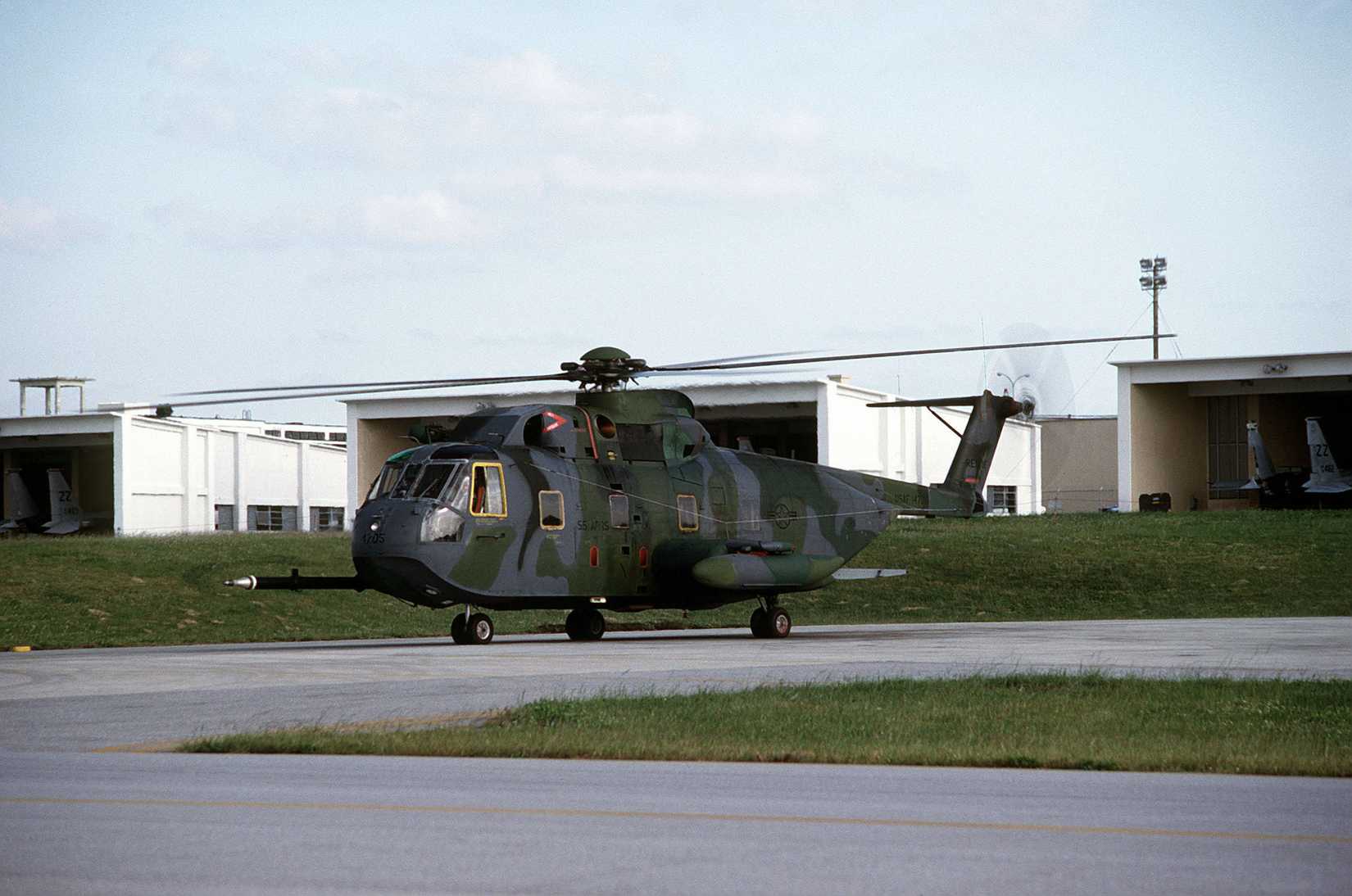 An left front view of a CH-3 Jolly Green Giant helicopter assigned as it taxis