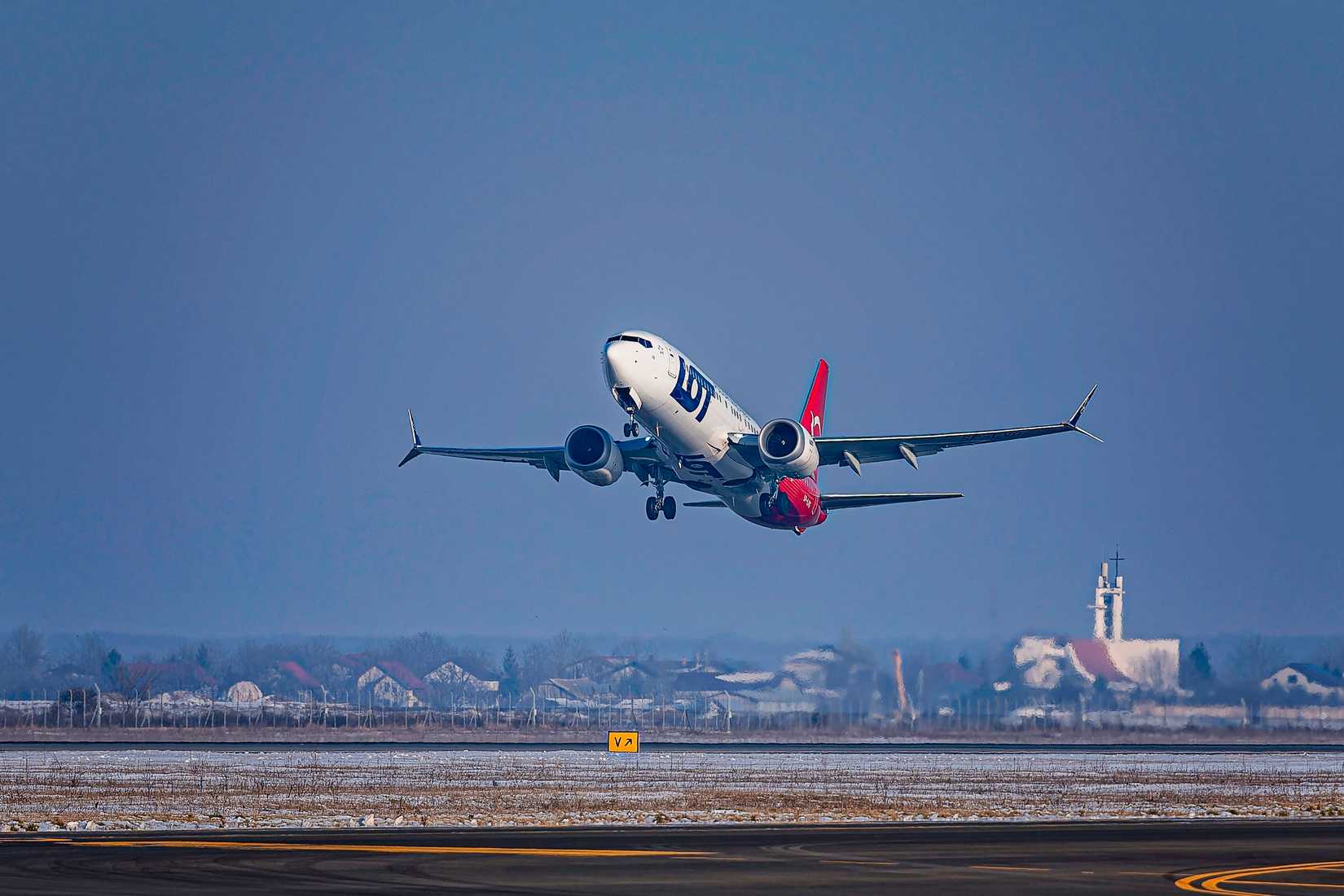 An LOT Boeing 737 MAX 8 aircraft, registration SP-LVG, takes off