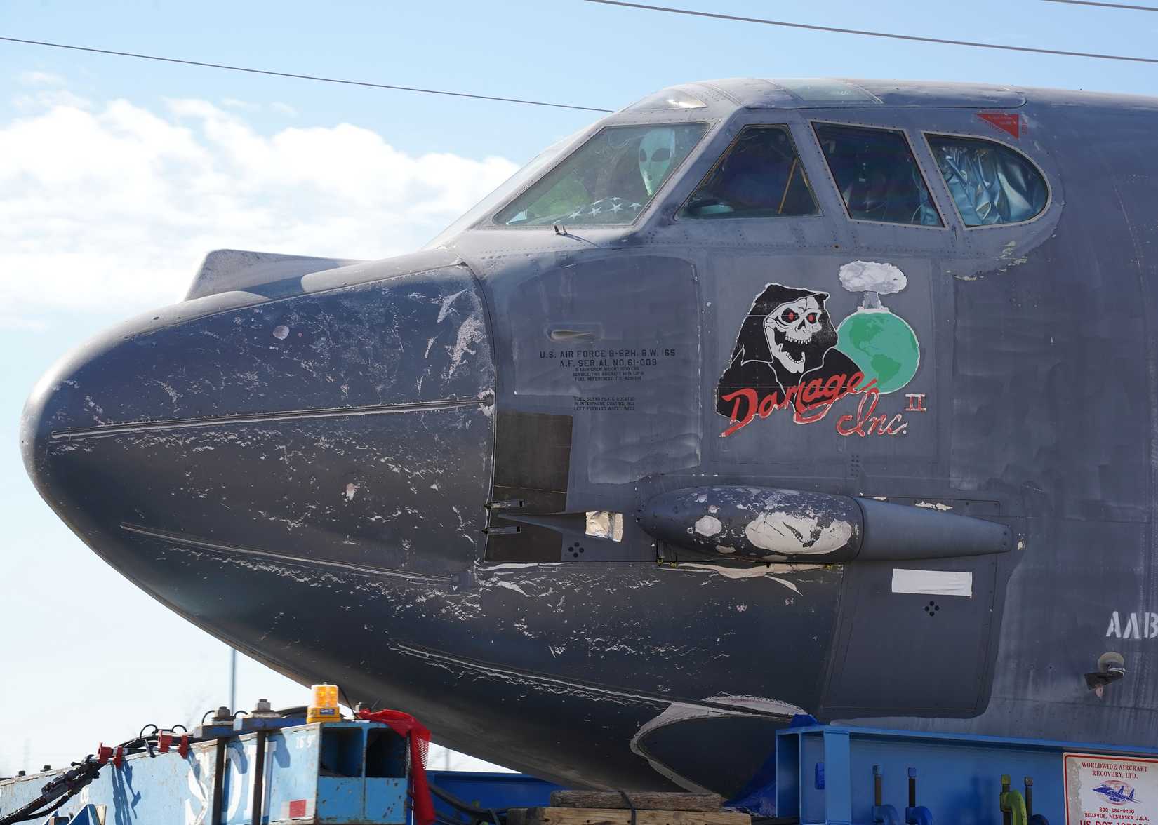 B-52H Stratofortress tail number 61-0009, nicknamed Damage Inc. II, arrived at the Boeing facility near Tinker Air Force