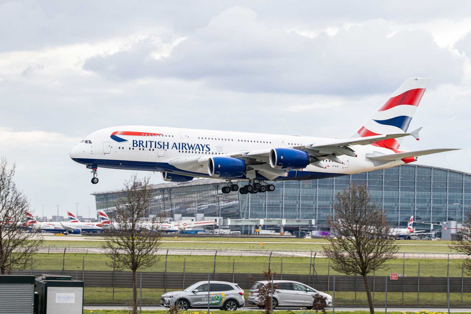 British Airways Airbus A380-841, registration G-XLEI, on final approach to London Heathrow Airport (LHR)