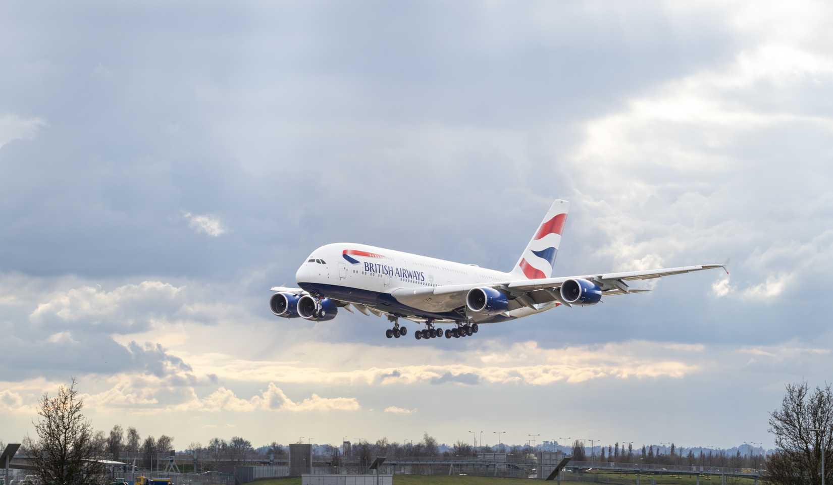 British Airways Airbus A380-841, registration G-XLEI, on final approach