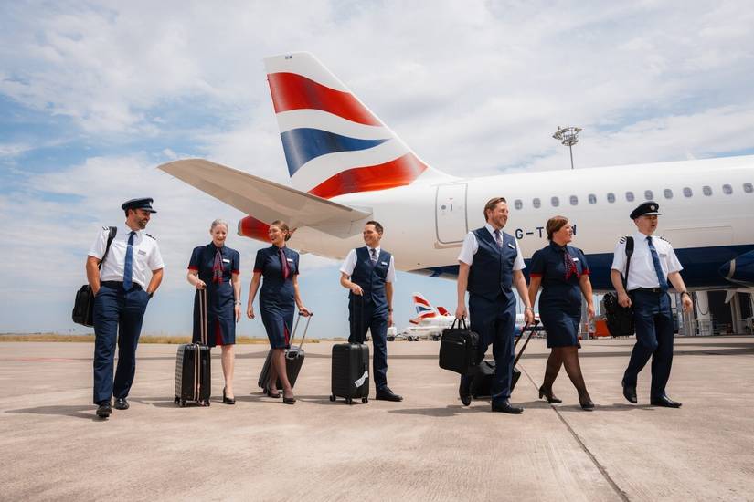 British Airways cabin crew and pilots outside A320