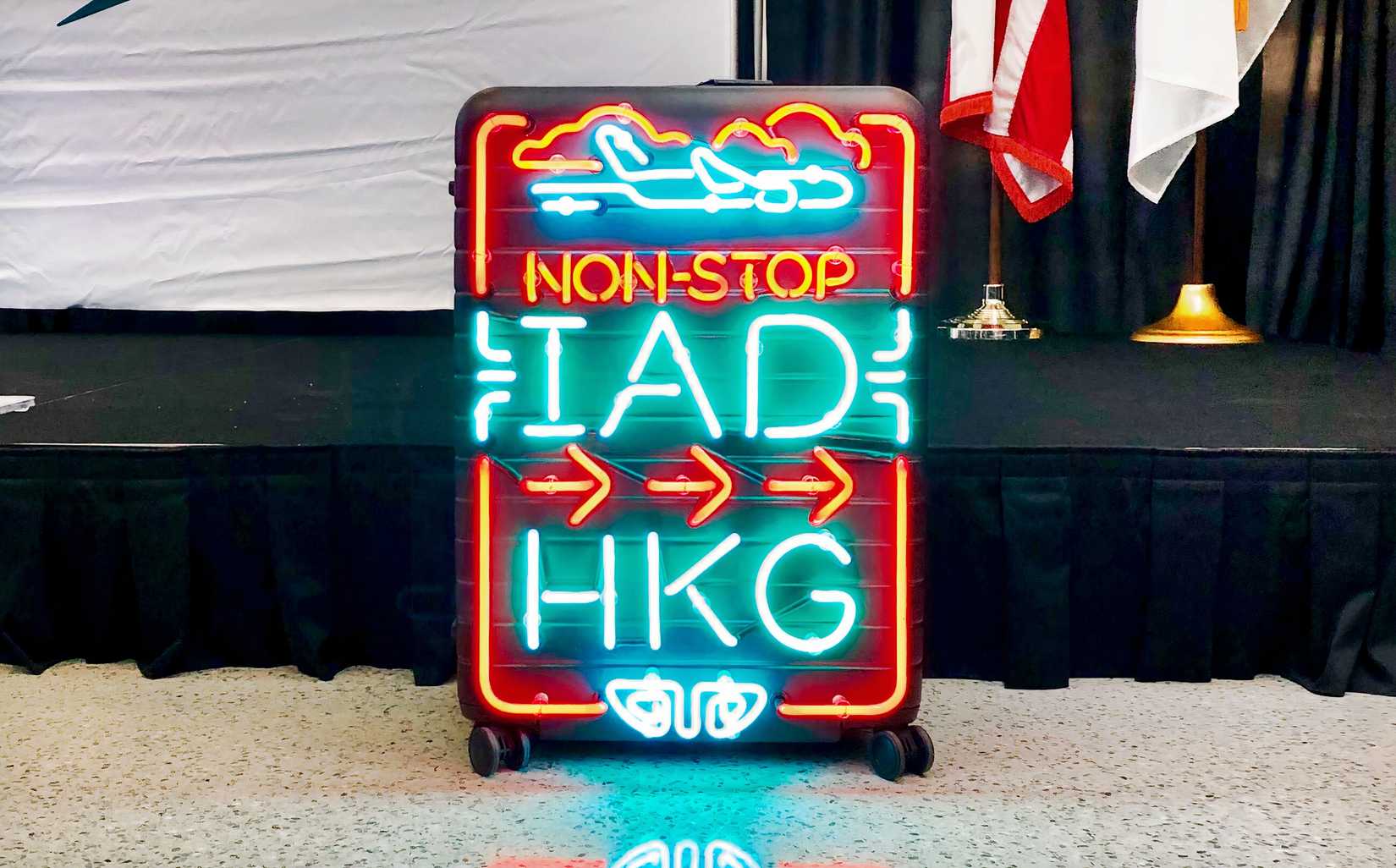 Cathay Pacific sign for HKG to IAD