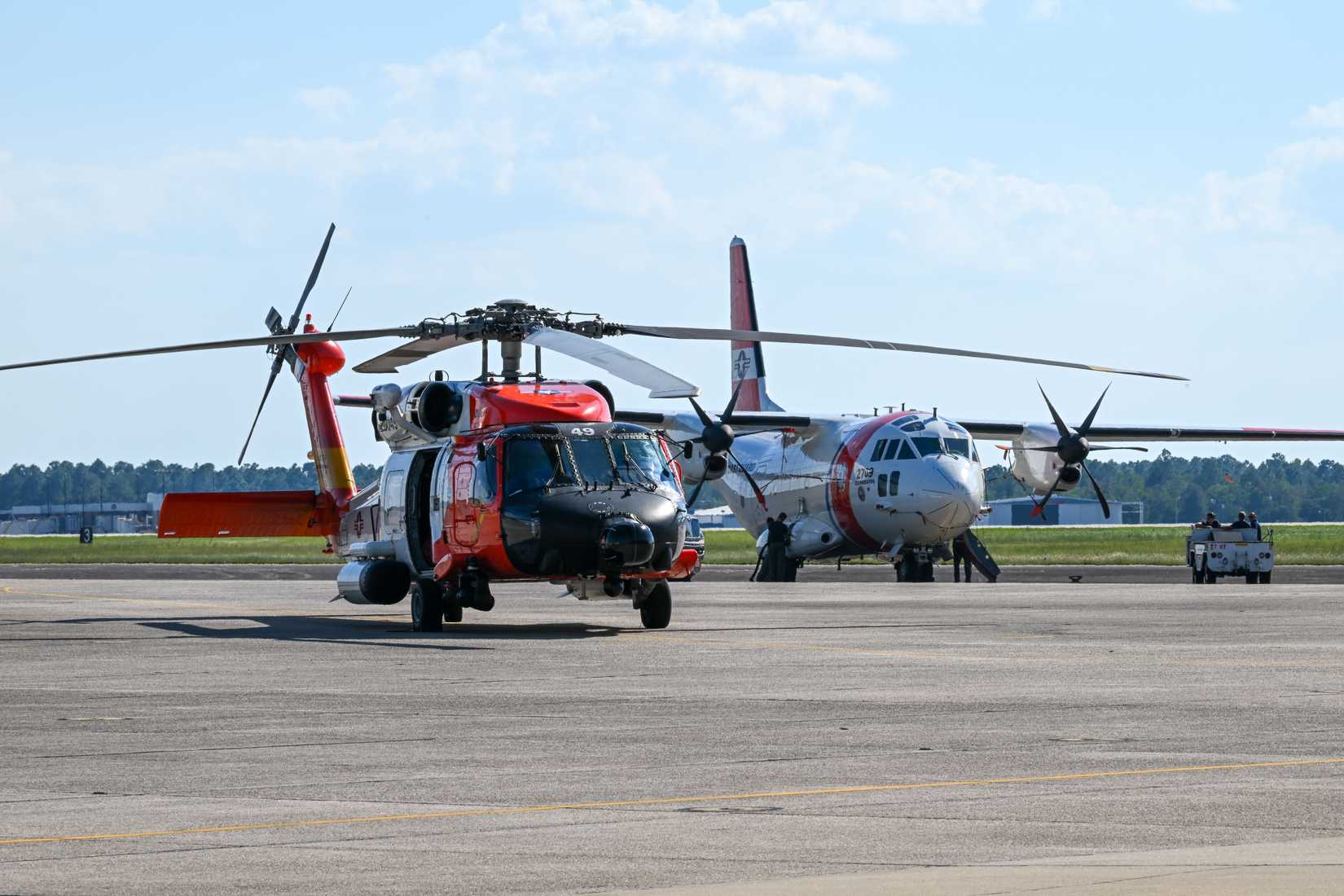 Coast Guard crews from Air Station Clearwater pre-stage assets at Coast Guard Aviation Training Center Mobile to assist post-Hurricane Milton