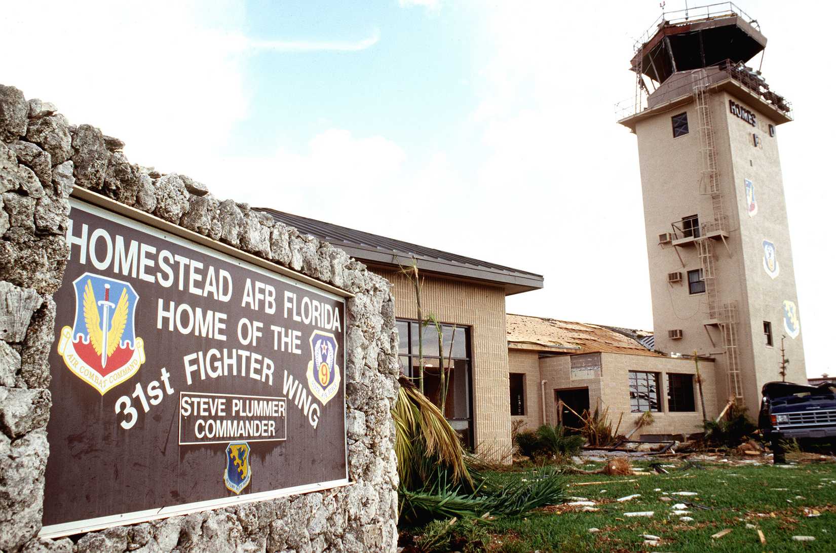 Damaged control tower and welcome sign. Hurricane Andrew drove through the air base damaging every building on the base