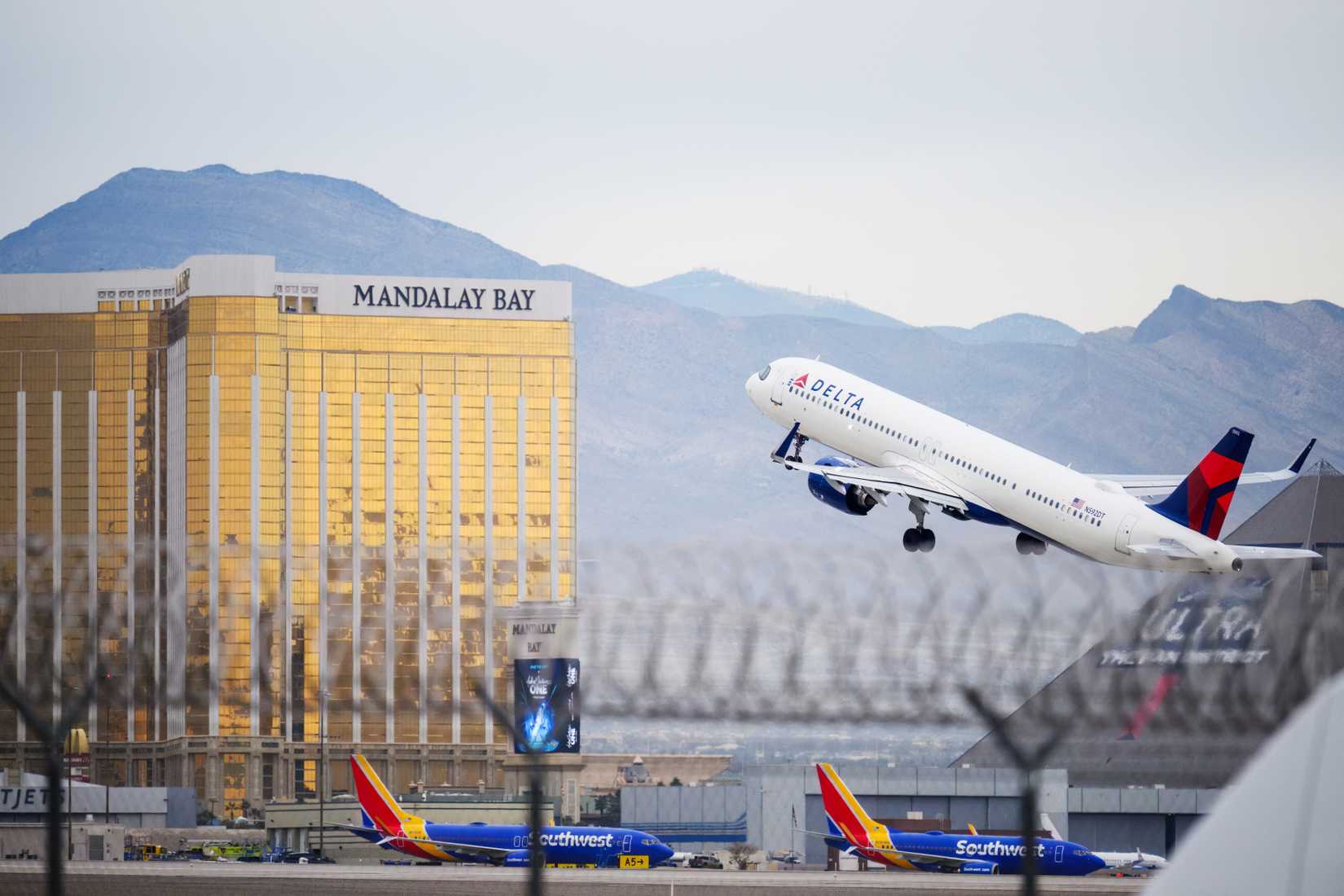 Delta Air Lines airplane N592DT Airbus A321-271NX taking off from Harry Reid Intl Airport