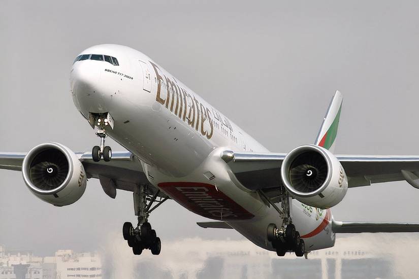 Emirates Boeing 777-300ER lifting off from Dubai