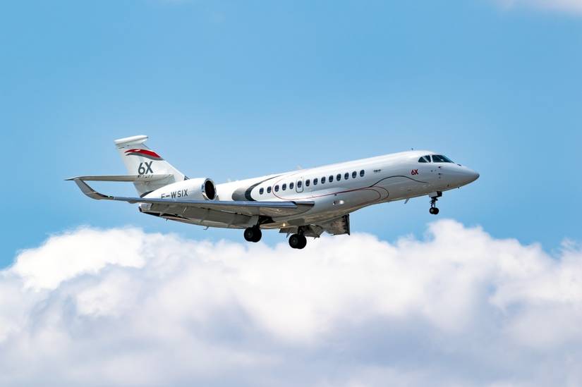 Falcon 6X business jet in flight
