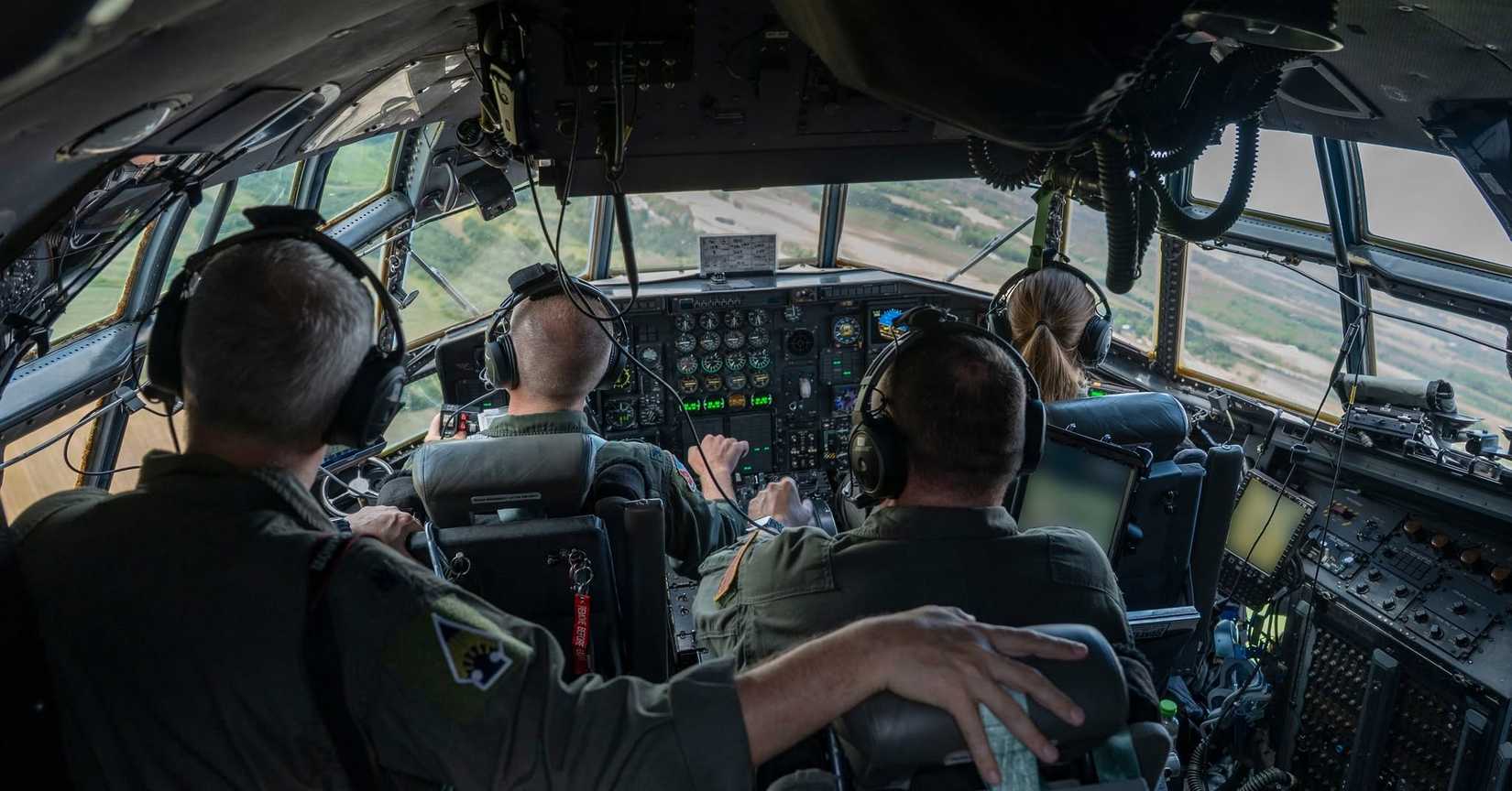 Inside cockpit of C-130