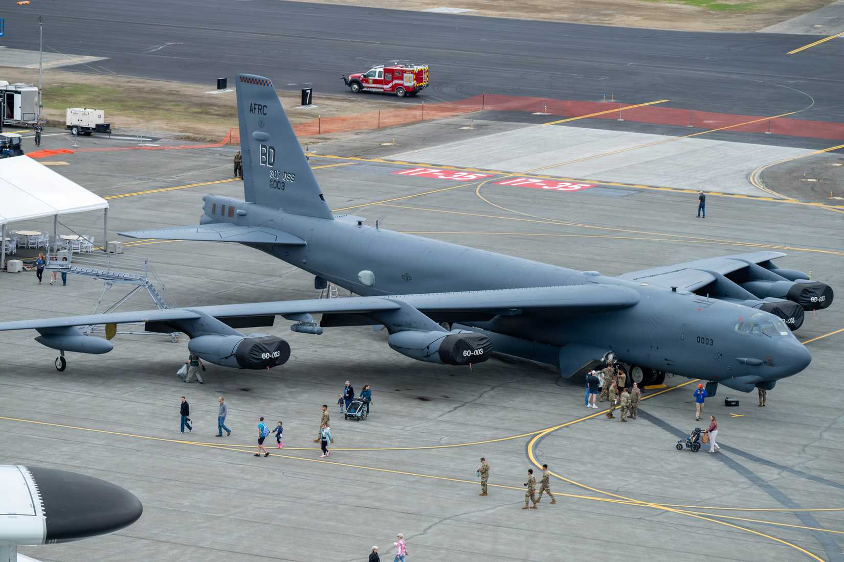 ir Force B-52H Stratofortress aircraft sits on static display during the Arctic Thunder Open House at Joint Base Elmendorf-Richardson, Alaska