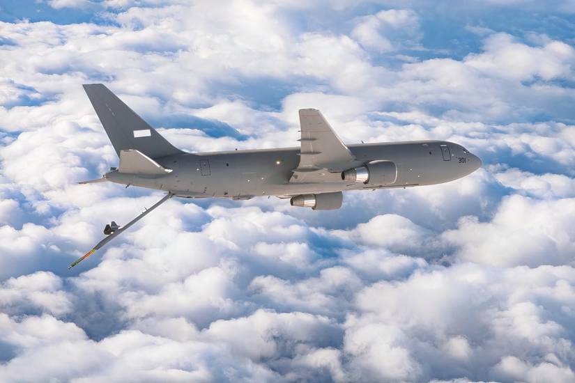A photo of an Israeli KC-46 "Gideon" flying above the clouds on a test flight in the United States.