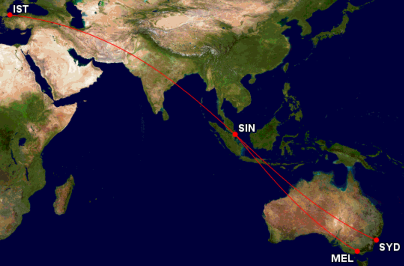 IST-SIN-SYD and MEL route map
