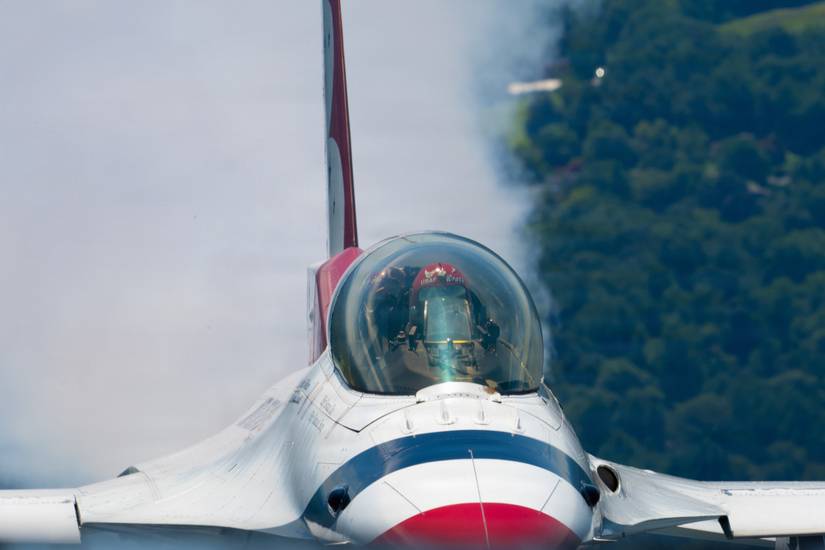 Lt. Col. Tyler Keener, U.S. Air Force Thunderbird 7 pilot, flies the F-16 Fighting Falcon