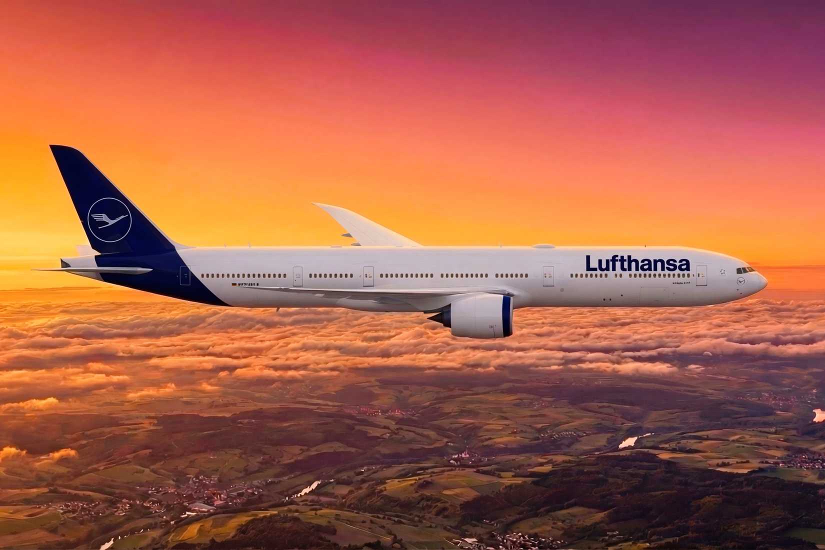 Lufthansa Boeing 777-9 at sunset