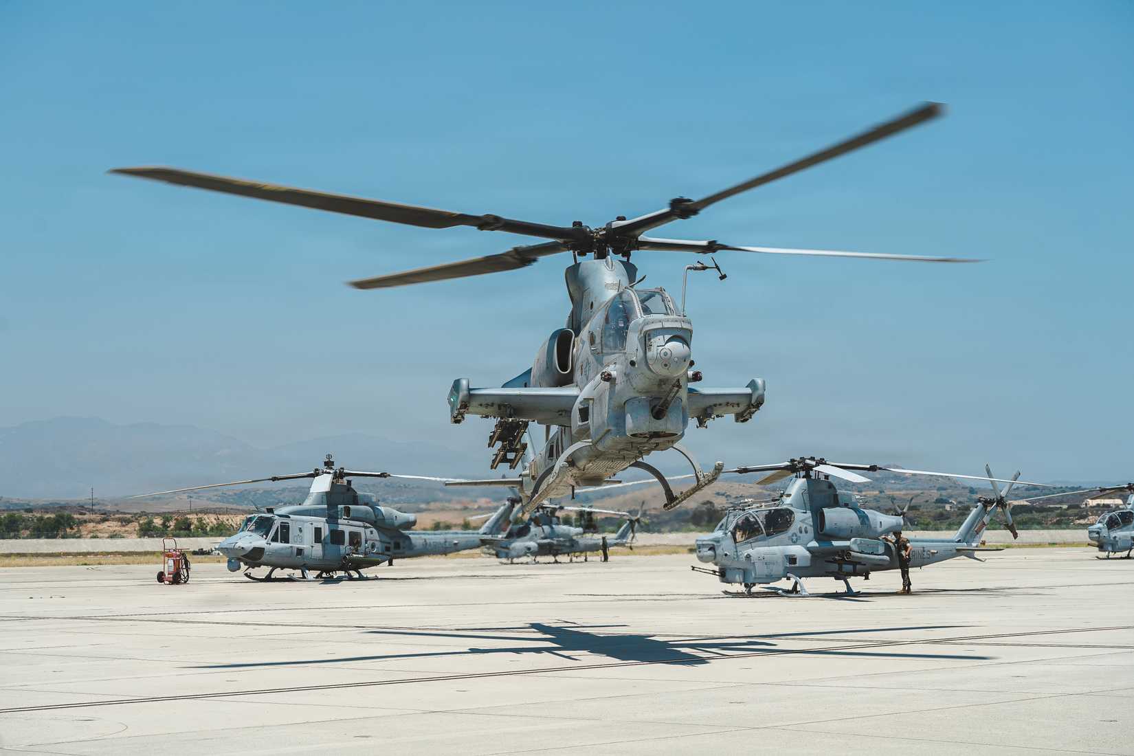 Marine Corps Maj. Gen. Robert B. Brodie, commanding general of 3rd Marine Aircraft Wing, lands an AH-1Z Viper