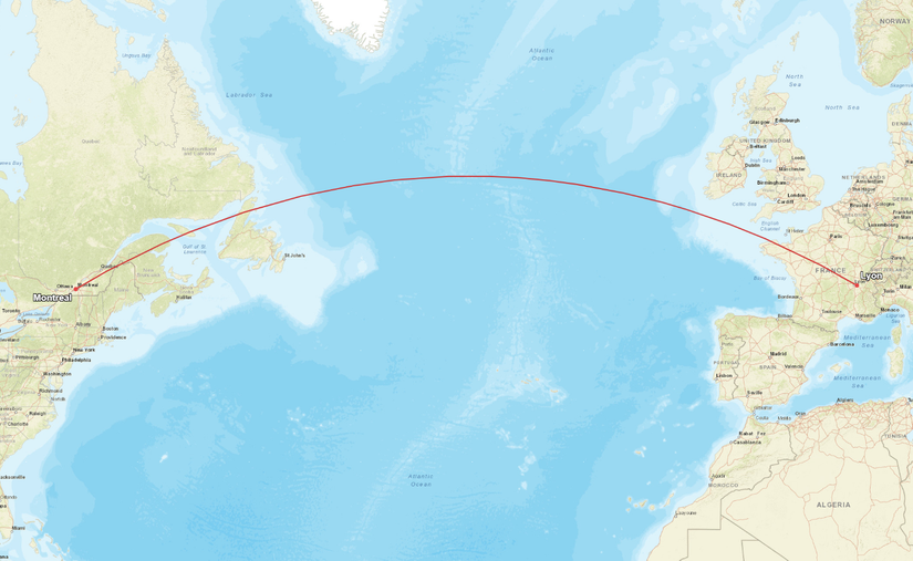 Montreal Lyon Flight Map