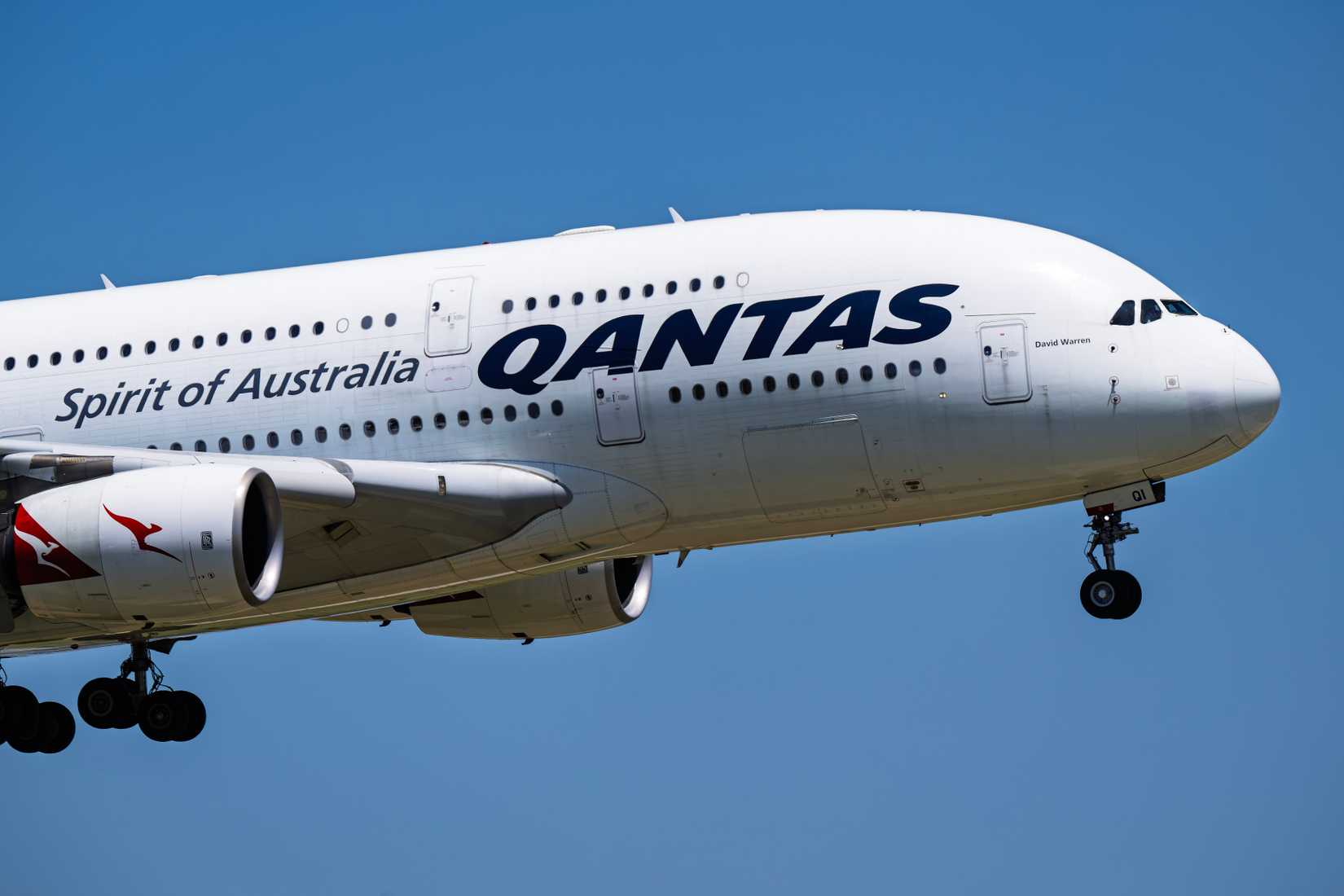 Qantas Airlines Airbus A380-800 OH-OQI arrival into DFW International Airport