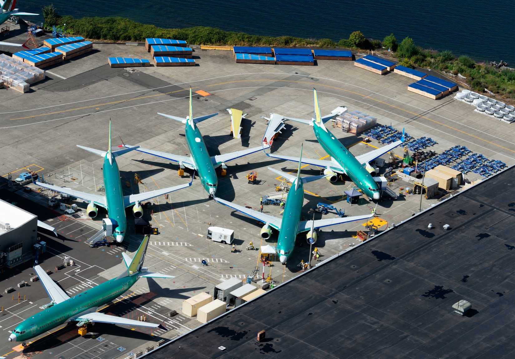 Aerial view of multiple Boeing 737 MAX and NG parked outside the company factory at Renton