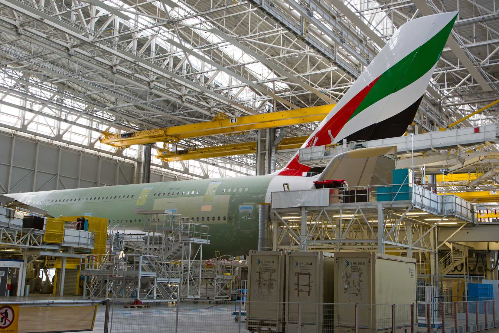Airbus production area. Factory inside. The final assembly shop. Passenger aircraft Airbus A380