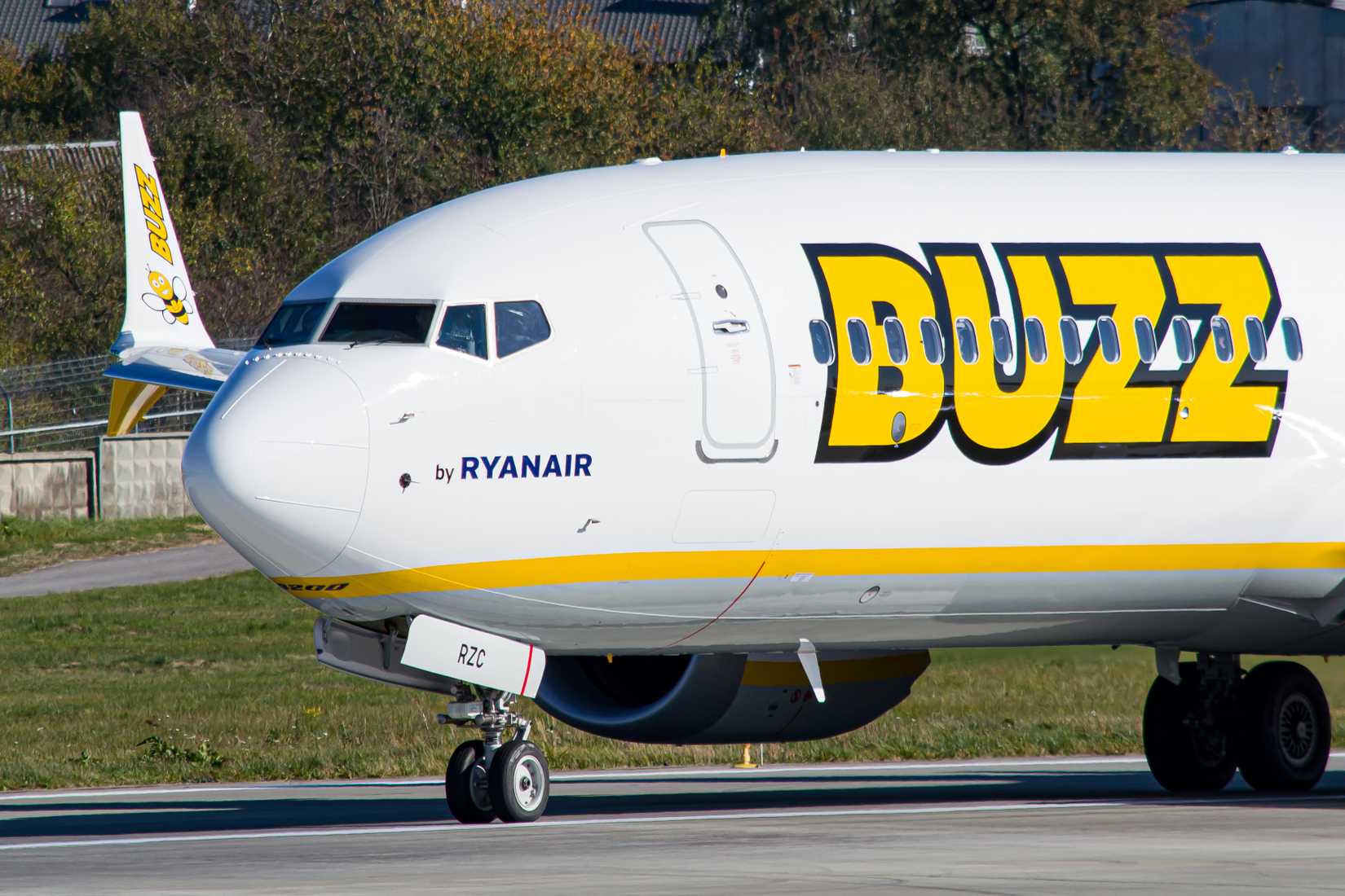 Lviv, Ukraine - October 10th, 2021: Buzz Airlines(operated by Ryanair) Boeing 737 MAX 8-200 nose cone close up while taxiing after landing in Lviv Airport. 