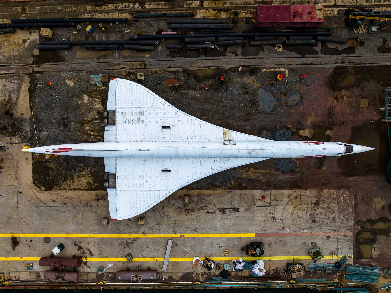 An aerial view of the Brooklyn Navy Yard with the British Airways supersonic Concorde visible, waiting to be restored after being on display since 2003